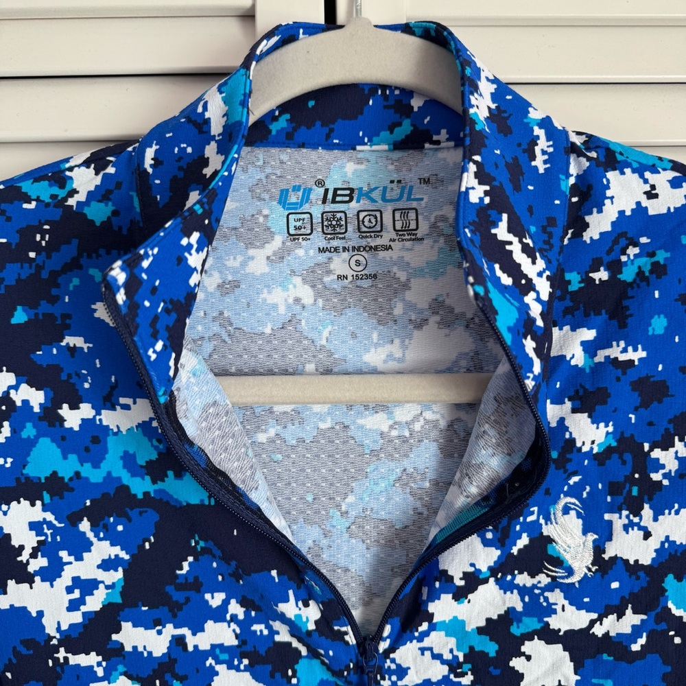 IBKUL Mock Neck Zip Long Sleeve UPF50+ Shirt Camo Blue Golf Tennis LOGO Small - Picture 4 of 8